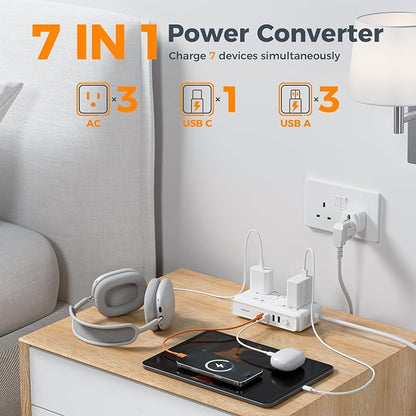 TESSAN Voltage Converter US to Europe, 220 to 110 | 4 USB Ports (1 USB C), 3 AC Outlets, EU UK AU IT IN ZA Plug Adapter, Step Down Transformer, 6 FT Cord