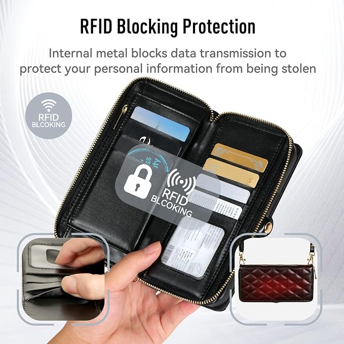 Rssviss Crossbody Case for iPhone 16 Pro Max Case Wallet, RFID Blocking Leather with Card Holder Kickstand, Handbag Zipper Flip Cover with Wrist Strap for iPhone 16 Pro Max Men Women 6.9", Black