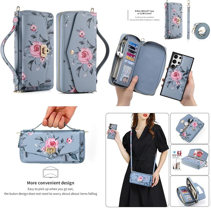 LITOU Compatible for Samsung Galaxy S26 Plus Crossbody Phone Case,Detachable Magnetic,Card Holder,Zipper Leather Wallet Wrist Lanyard Strap Case for Women Men.BlueFlower
