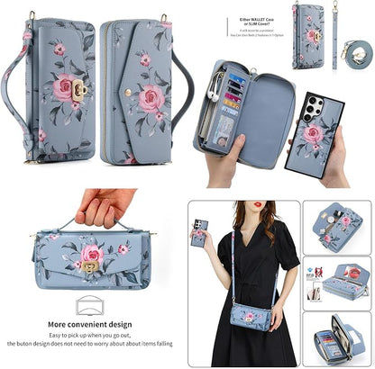 LITOU Compatible for Samsung Galaxy S26 Crossbody Phone Case,Detachable Magnetic,Card Holder,Zipper Leather Wallet Wrist Lanyard Strap Case for Women Men.BlueFlower