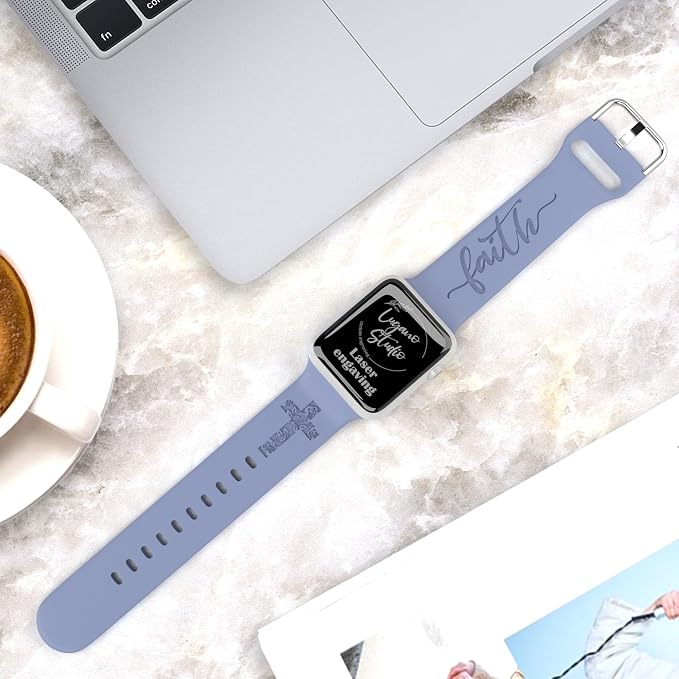 Faith with Cross Watch Band Compatible with Apple Watch Laser Engraved Silicone 38mm 40mm 41mm 42mm 44mm 45mm 46mm 49mm Strap Jesus Psalm Christian God Blessed (Lavender Grey, 42/44/45/46/49mm M/L)