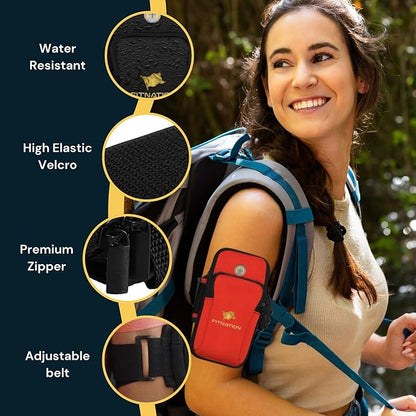 Water Resistant Armband Running Pouch for for iPhone 11/12/13/14 Pro Max, Samsung Galaxy S23/S22/S21/S20/Z Fold/Note, Huawei, Xiaomi, OnePlus & More (up to 7") Adjustable Strap & Pocket (Red)