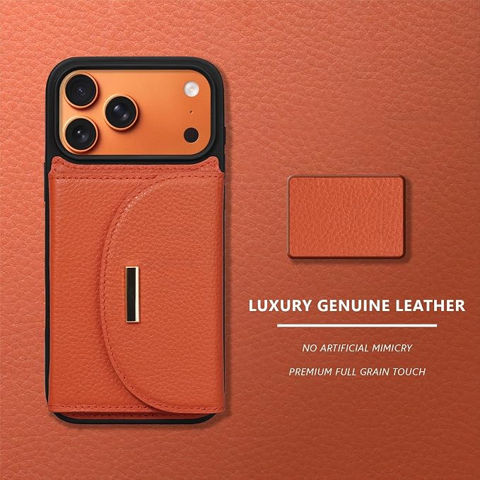 Keallce Wallet Case for iPhone 17 Pro Max 6.9'', Genuine Leather Magnetic Flip Case with RFID Blocking, Card Holder Slots and Kickstand, Protective Folio Cover for Women, Orange