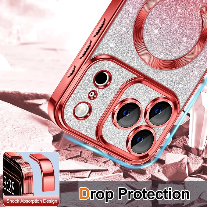 Hython for iPhone 17 Pro Max Case Glitter Clear Magnetic Phone Cases [Compatible with MagSafe] Full Camera Lens Protector Sparkle Luxury Plating Slim Shockproof Protective Cover Women, Gradient Red