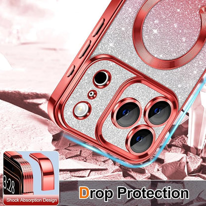Hython for iPhone 17 Pro Case Glitter Clear Magnetic Phone Cases [Compatible with MagSafe] Full Camera Lens Protector Sparkle Luxury Plating Slim Shockproof Protective Cover Women, Gradient Red