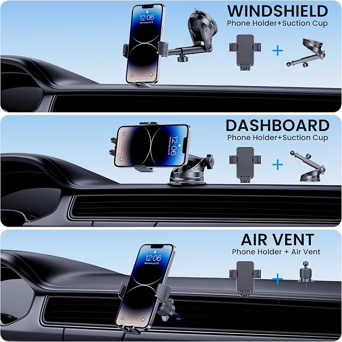Phone Holder Car [Military-Grade Suction] Universal Car Phone Holder [Thick Case Friendly] Automobile Accessories Dashboard Air Vent Windshield Phone Mount Fit for iPhone Android Smartphones
