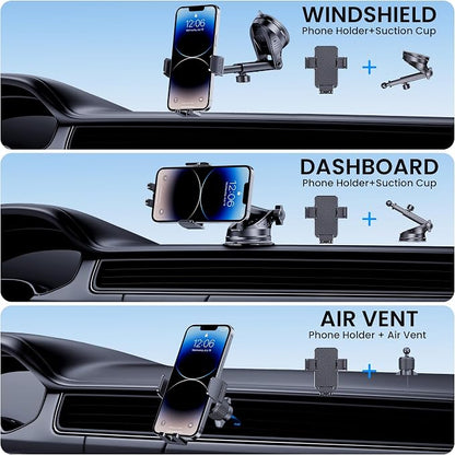 Phone Holder Car [Military-Grade Suction] Universal Car Phone Holder [Thick Case Friendly] Automobile Accessories Dashboard Air Vent Windshield Phone Mount Fit for iPhone Android Smartphones