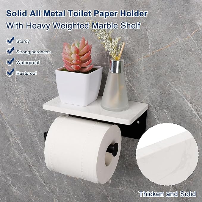 NearMoon Toilet Paper Holder with Shelf, Heavy Duty Bath Toilet Roll Holder with Phone Shelf Tissue Hanger for Bathroom/Kitchen Wall Mounted(Metal & Marble, Matte Black)