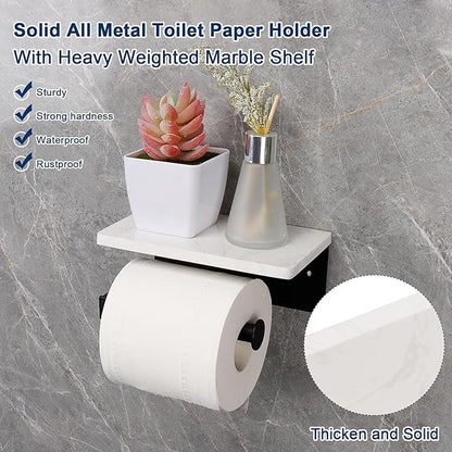 NearMoon Toilet Paper Holder with Shelf, Heavy Duty Bath Toilet Roll Holder with Phone Shelf Tissue Hanger for Bathroom/Kitchen Wall Mounted(Metal & Marble, Matte Black)