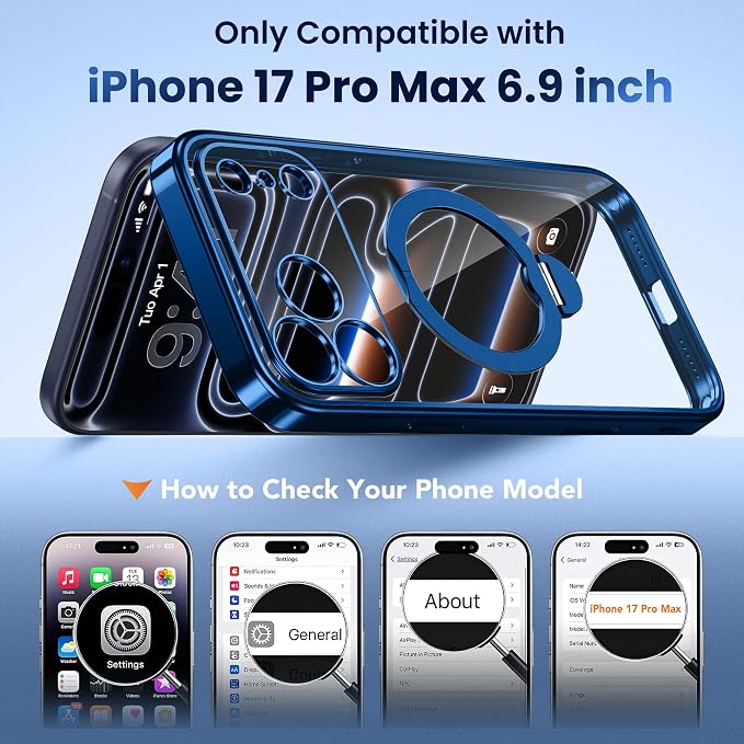 GolbinBox for iPhone 17 Pro Max Case with 360° Spin Magnetic Stand,[Compatible with Magsafe] [Military Protection][Built-in Ring Holder] Camera Control Phone Case for 17 Pro Max,Deep Blue/Clear