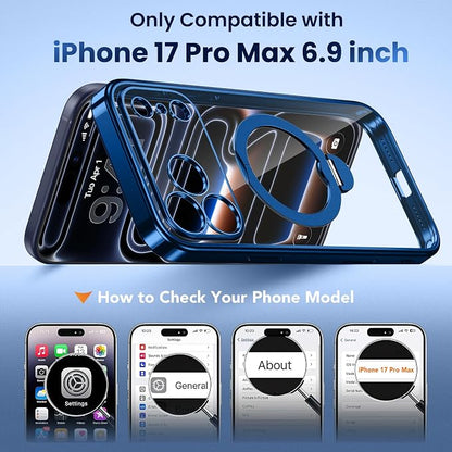 GolbinBox for iPhone 17 Pro Max Case with 360° Spin Magnetic Stand,[Compatible with Magsafe] [Military Protection][Built-in Ring Holder] Camera Control Phone Case for 17 Pro Max,Deep Blue/Clear