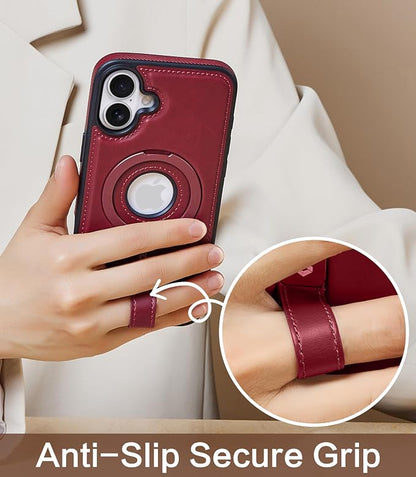 for iPhone 16 Plus Leather Case with Stand, Anti-Slip Grip Ring, Fits for MagSafe (Burgundy, iPhone 16 Plus)