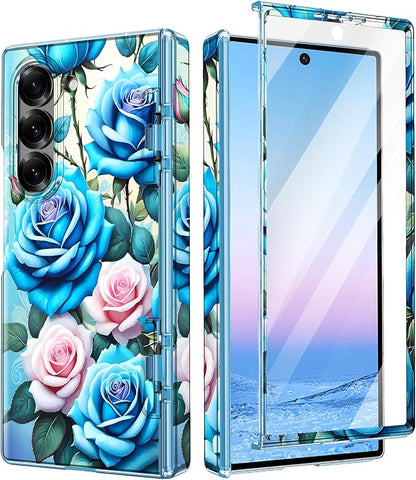 Btscase for Samsung Galaxy Z Fold 6 Case,Built in Front Screen Protector,Gold Glitter Marble Pattern Hard PC Slim Shockproof Full Body Drop Protective Case for Galaxy Z Fold 6 5G, Blue Rose