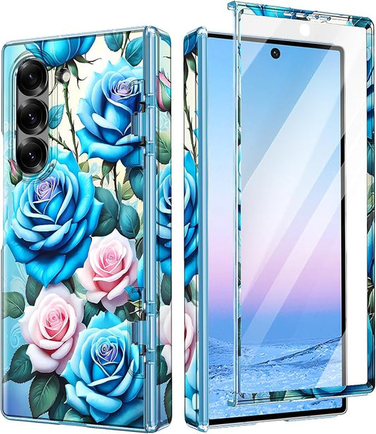 Btscase for Samsung Galaxy Z Fold 6 Case,Built in Front Screen Protector,Gold Glitter Marble Pattern Hard PC Slim Shockproof Full Body Drop Protective Case for Galaxy Z Fold 6 5G, Blue Rose