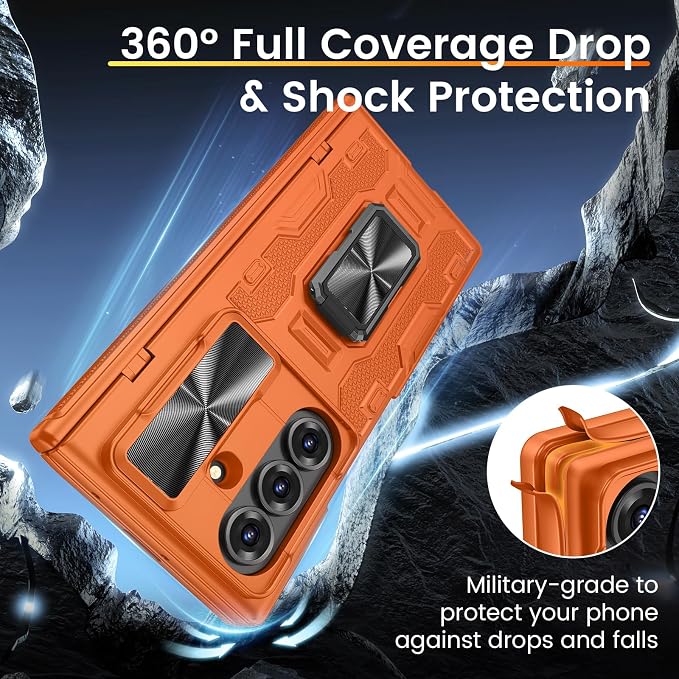 VEGO for Samsung Z Fold 7 Case Built-in Privacy Screen Protector, Orange | with Adjustable Kickstand & Slide Camera Cover[Hinge Cover]Full Body Shockproof Case for Samsung Galaxy Z Fold 7