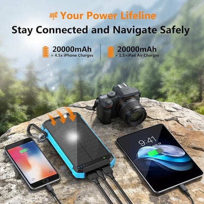 Solar Power Bank 20000mAh, Portable Charger with Built-in 3 Cables (USB-C/Lightning/Micro-USB), 15W Fast Charge, Battery Pack for iPhone Samsung Android, Solar for Emergency Only, Perfect for Camping
