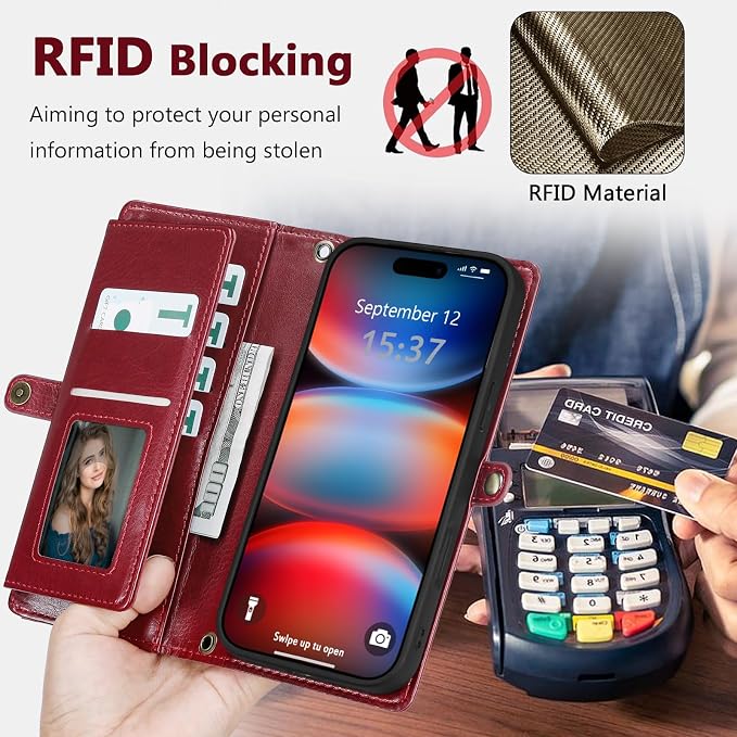 Wallet Case for iPhone 17 Pro Max with Card Holder/Crossbody Wallet/Strap,[RFID Blocking][Magnetic] PU Leather Phone Case for iPhone 17 Pro Max,6.9 in,Wine Red