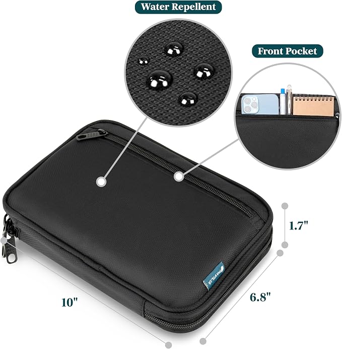 PAVILIA Travel Cord Organizer Case for Cables & Chargers, Black | 10 x 6.8 x 1.7 in 600D water-repellent electronics bag pouch with 7 loops, 5 mesh pockets, front zip pocket and dual zippers