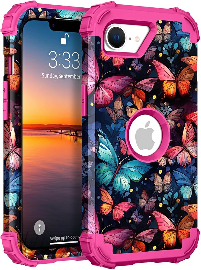 Hocase for iPhone 17e/iPhone 16e Case, Heavy Duty Shockproof Protection Hard Plastic+Silicone Rubber Hybrid Protective Phone Case for iPhone 17e/16e 6.1" - Flying Butterfly