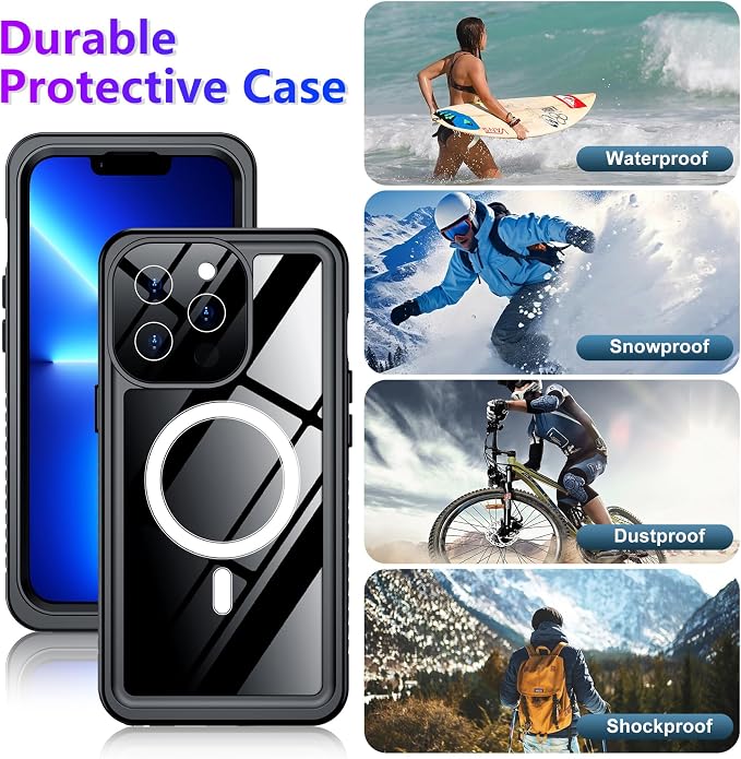 Temdan Compatible with iPhone 13 Pro Max Case Waterproof, Built-in Screen & Camera Protector IP68 Underwater Full Body 13FT Military Dropproof Shockproof Phone Case 6.7"-Black/Clear-Mag