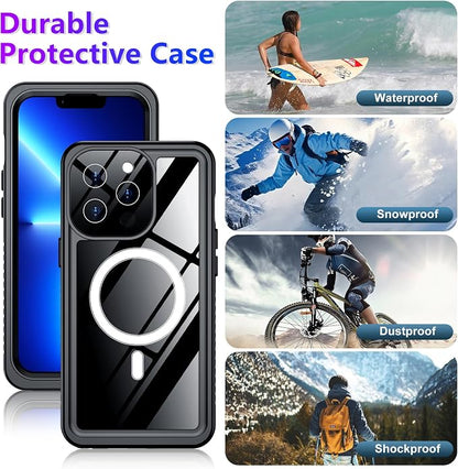 Temdan Compatible with iPhone 13 Pro Max Case Waterproof, Built-in Screen & Camera Protector IP68 Underwater Full Body 13FT Military Dropproof Shockproof Phone Case 6.7"-Black/Clear-Mag