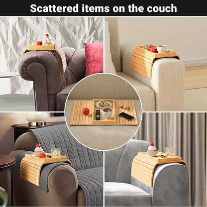 Couch Arm Tray,Sofa Arm Tray Bamboo Sofa Tray Table for Couch,Anti-Slip Arm Table Clip On Tray Sofa Table,Foldable Sofa Armrest Tray Couch Cup Holder for Snacks,Phone,Remote,Cups