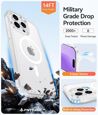 FNTCASE for iPhone 14 Pro Max Case, Fit for Magsafe, Glass Screen Protector | Anti Yellowing, Magnetic Phone Cases, 14FT Military Grade Drop Protection, Slim Shockproof Protective Cover, Clear