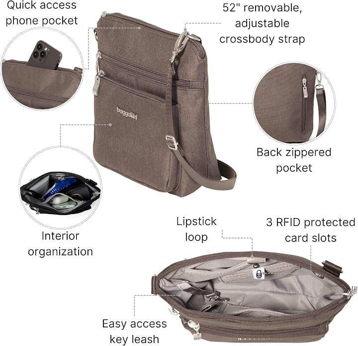 Baggallini Modern Pocket Crossbody Bag for Women, 8.5"x8.5" Handbag Purse with RFID, Lightweight Water-Resistant