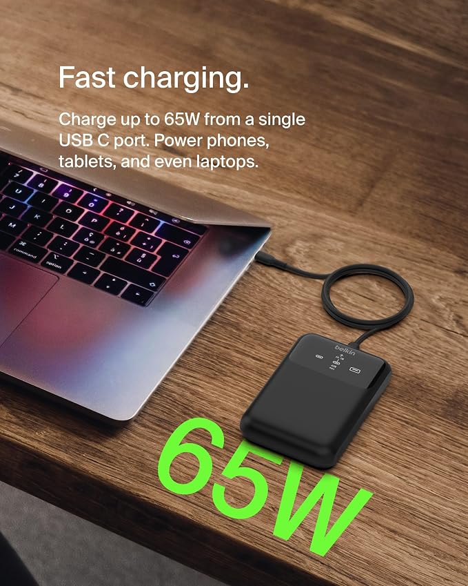 Belkin Portable Charger Power Bank, 3-Port Laptop Power Bank 20000 mAh, USB-A & USB-C Chargers Fast Charging 65W Ports for MacBook, Apple iPhone 17, iPad, Samsung Galaxy S25, Nintendo Switch 2 - Black