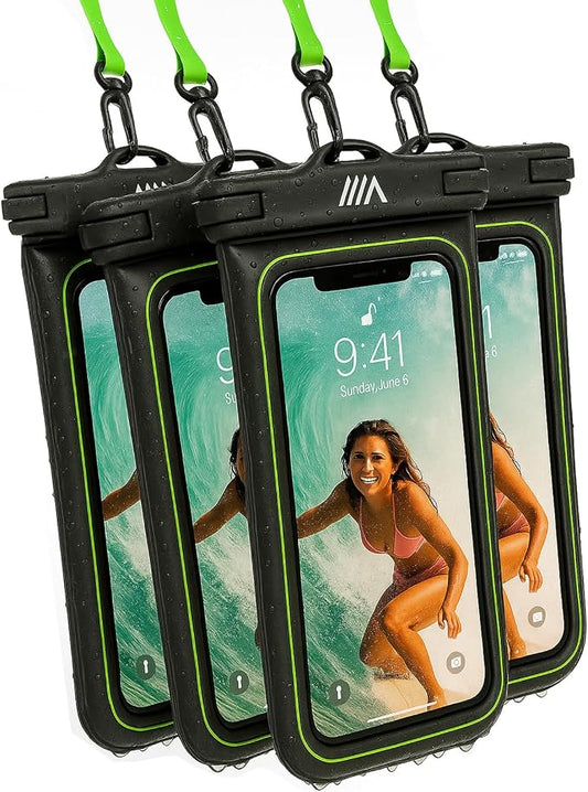 【2025 Upgraded】4 Pack Black - IP68 Waterproof Phone Pouch Floating Design No Sink Waterproof Phone Case - Beach Pool Travel Essentials - Works w/ All Phones - Detachable Lanyard - Black/Hi-Vis Green