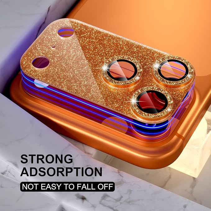 Choiche Compatible for iPhone 17 Pro Camera Lens Protector, Bling Camera Cover with 9H Tempered Glass Lens Screen Protector Metal Ring Decoration Accessories 6.3-inch (Glitter-Orange)