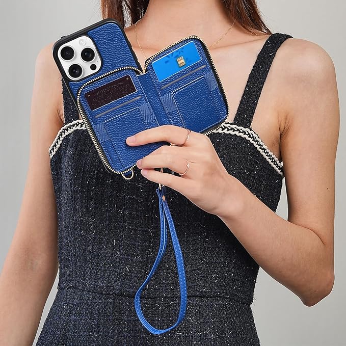 ZVE for iPhone 14 Pro Max Wallet Case Crossbody, Card Phone Case for Women, Zipper RFID Blocking Leather Cover with Wrist Strap, Purse for iPhone 14 Pro Max, 6.7", 2022- Navy Blue
