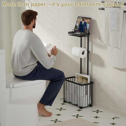 X-cosrack Freestanding Toilet Paper Holder Toilet Tissue Rack Scroll Stand Roll Dispenser with Storage Shelf Reserve for Phone Tablet Magazine Bathroom Organizer Bath Tissue Organizer (Black)