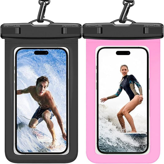 Waterproof Case Compatible with iPhone 14 Pro Max/13/12/11/XR/X/SE/8/7, Galaxy S22/S21 Google up to 7.5" IPX8 Dry Bag Vacation Essentials (Black & Pink)