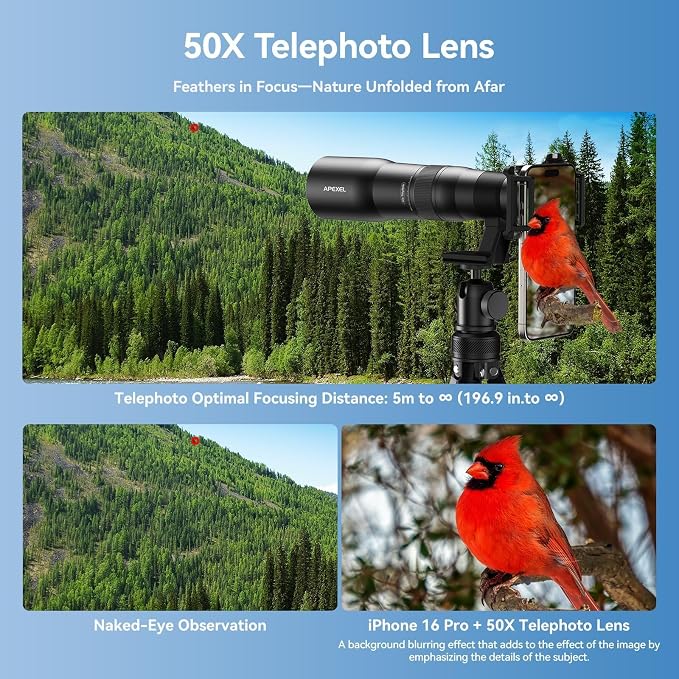 APEXEL 50x Telephoto Lens for iPhone & Android Phones | Wildlife Moon Photography Monocular Telescope | with Universal Clip & Tripod | High-Definition Optical Zoom Lens for Landscapes Target Viewing
