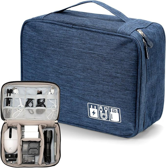 Cable Organizer bag for women or men,Electronic Accessories Carry Case Portable Waterproof Double Layers All-in-One Storage Bag for Cord, Charger, Phone, Earphone (Navy blue)