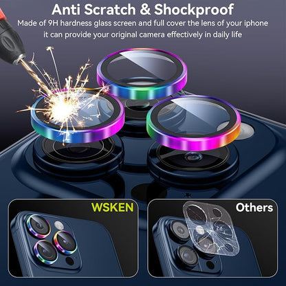 WSKEN for iPhone 15 Pro/iPhone 15 Pro Max Camera Lens Protector,[Keep Original Shooting] Shatterproof 9H Tempered Glass Camera Screen Protector Metal Ring Cover Film Accessories,Colorful