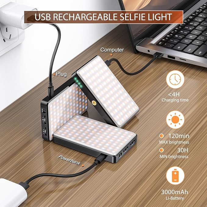 120 LED Video Light, Portable USB Photo Light Dimmable 2500-9000K CRI 95+ 5000mAh Battery with Tripod with Colored Filters and Clip, Photo Lamp for Phone/iPad/Laptop/Camera