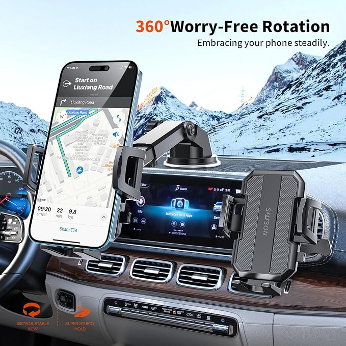 Upgraded 3-in-1 Car Phone Holder Mount [Powerful Suction] Phone Mount for Car Dashboard Air Vent Windshield,for All iPhone Android Phone, Dark Black