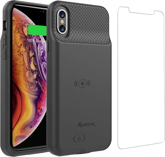 iPhone Xs/X Battery Case, Alpatronix BXX Wireless Portable Power Bank and iPhone Xs Slim Charger, 50% Faster Charging Battery Pack, Original iPhone Lightning Chip – Black