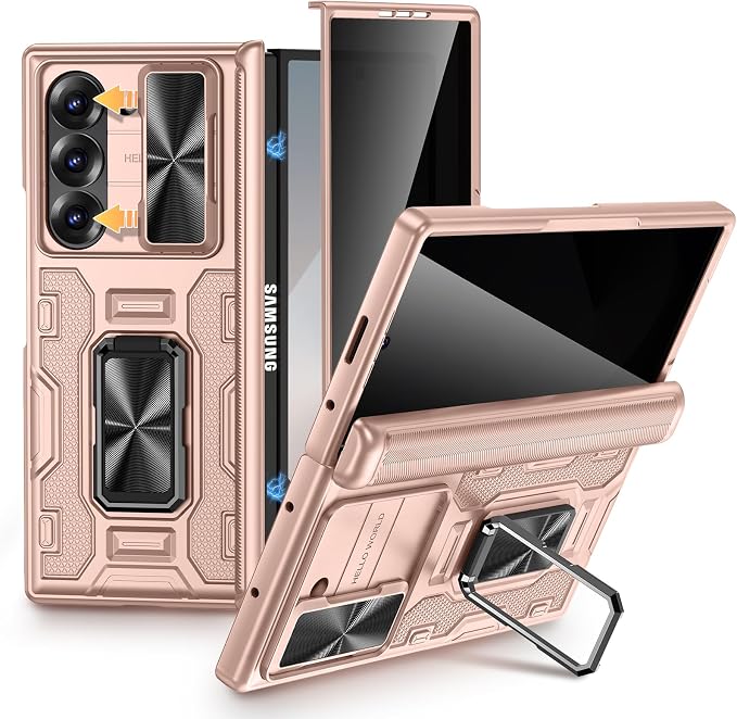 VEGO for Galaxy Z Fold 6 Case with Stand Full-Body Protective | Built-in Screen Protector [Anti-Peeping] & Slide Lens Cover & Hinge Protection & Stand Phone Case for Z Fold 6 2024-Rose Gold