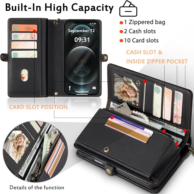 for Wallet Case Compatible with iPhone 12 Pro Max,Multi-Function Detachable 2 in 1 Magnetic iPhone 12 Pro Max Case Wallet,Flip Strap Zipper Card Holder Phone Case with Shoulder Straps (Black)