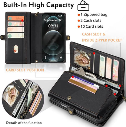 for Wallet Case Compatible with iPhone 12 Pro Max,Multi-Function Detachable 2 in 1 Magnetic iPhone 12 Pro Max Case Wallet,Flip Strap Zipper Card Holder Phone Case with Shoulder Straps (Black)