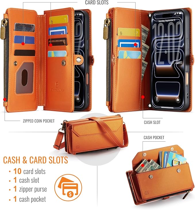 Strapurs Wallet Case Compatible with iPhone 17 Pro Max 6.9" RFID Blocking 10-Card Holder Soft PU Leather Magnetic Snap Shoulder Strap Zipper Pocket Phone Case Fit for iPhone 17 Pro Max - Orange