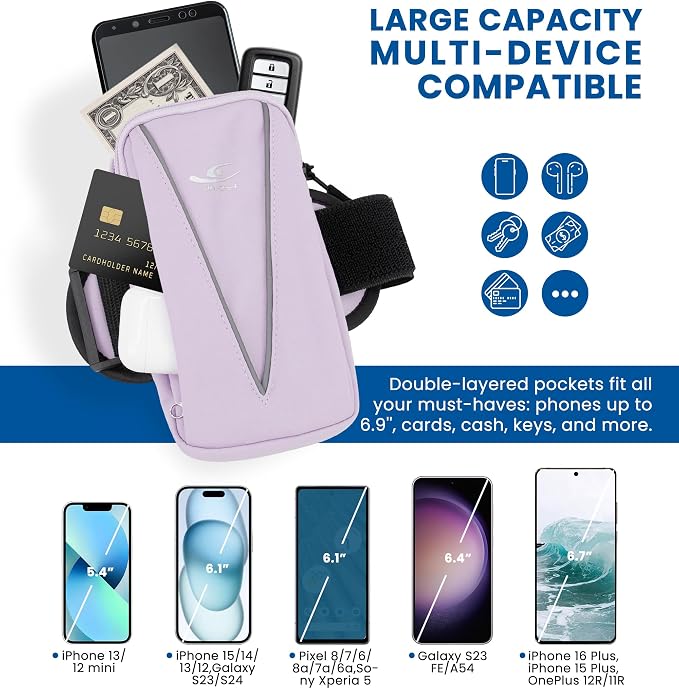 HiRui Cell Phone Holder Arm Bag & Wrist Bag for Phone, Sports Running Armband for Gym & Cycling, Compatible with iPhone 17/17Pro/Plus/16/15 Samsung Galaxy All Phones, Reflective & Adjustable (Purple)