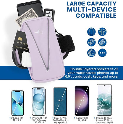 HiRui Cell Phone Holder Arm Bag & Wrist Bag for Phone, Sports Running Armband for Gym & Cycling, Compatible with iPhone 17/17Pro/Plus/16/15 Samsung Galaxy All Phones, Reflective & Adjustable (Purple)