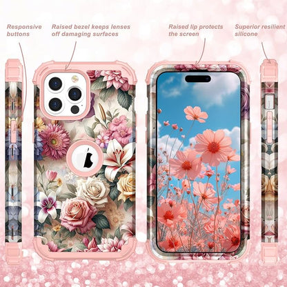 Hocase for iPhone 14 Pro Max Case, Heavy Duty Shockproof Protection Soft Silicone Rubber+Hard Plastic Bumpers Hybrid Protective Case for iPhone 14 Pro Max 2022 - Rose & Lily Flowers