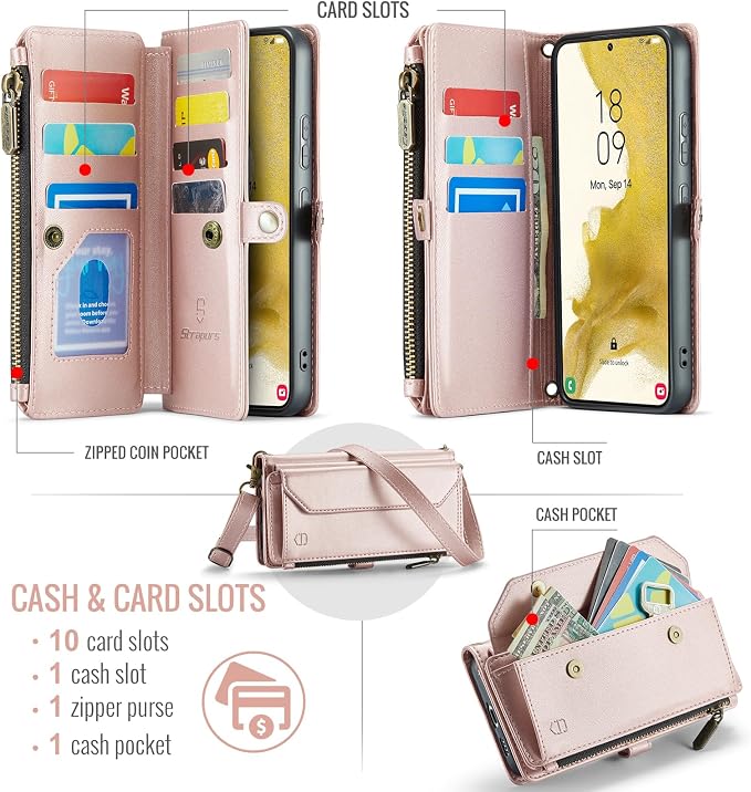 Strapurs Crossbody Wallet Case Compatible with Samsung Galaxy S22 Plus RFID Blocking Card Holder Soft PU Leather Magnetic Snap Strap Zipper Pocket Phone Case Fit for Galaxy S22+/ S22 Plus - Rose Gold