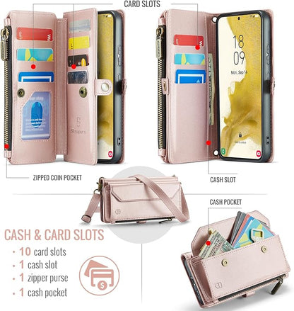 Strapurs Crossbody Wallet Case Compatible with Samsung Galaxy S22 Plus RFID Blocking Card Holder Soft PU Leather Magnetic Snap Strap Zipper Pocket Phone Case Fit for Galaxy S22+/ S22 Plus - Rose Gold