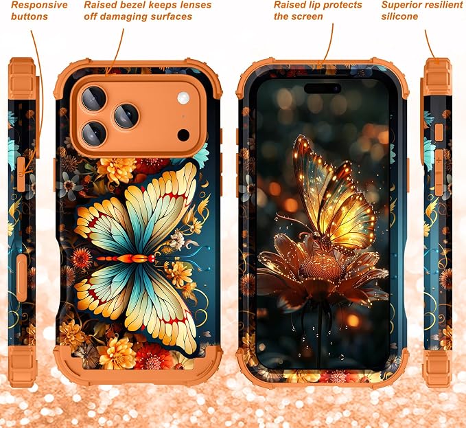 Hocase for iPhone 17 Pro Case 6.3", Heavy Duty Shockproof Protection Soft Silicone Rubber+Hard Plastic Bumpers Hybrid Protective Case for iPhone 17 Pro 2025 - Butterfly in Orange